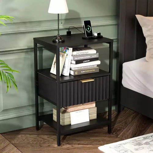 Karl Home 15 Inches Wide Nightstand - 1 Drawer, 2 Shelves, US Power Outlet